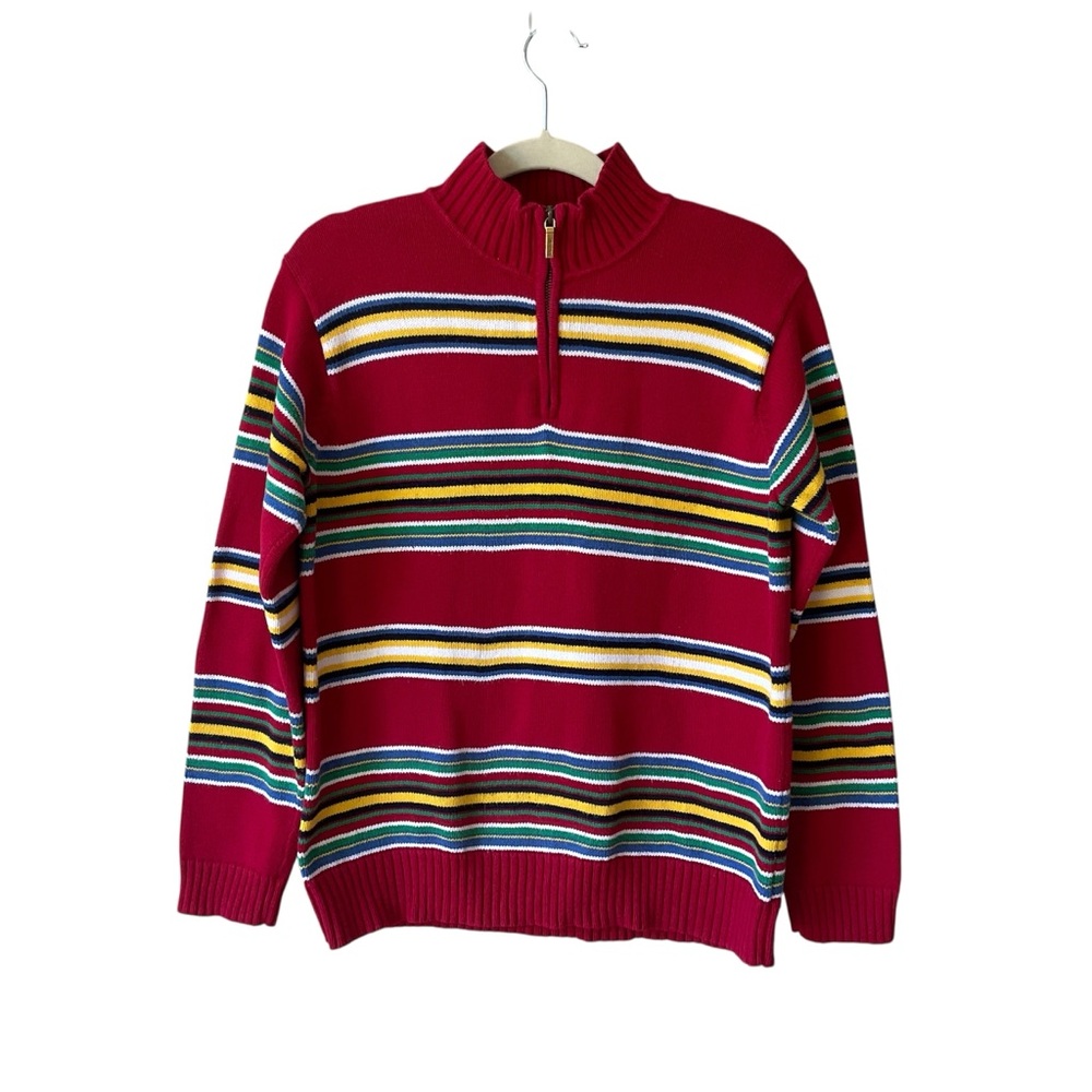 Lauren Ralph Lauren Red Striped 1/4 Zip Cotton Sweater Size PS